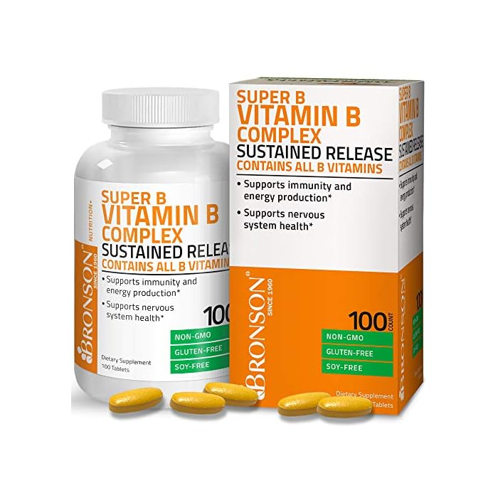 Bronson Super B Vitamin B Complex Sustained Slow Release (Vitamin B1, B2, B3, B6, B9 - Folic Acid, B12) Contains All B…