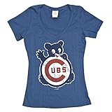 Chicago Cubs Women's Blue Distressed Waving Bear V-neck T-shirt