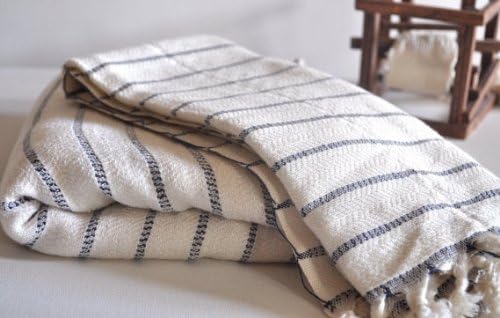 Turkish Towel , Handwoven Pestemal and Head Towel Set of 2 Pure Soft Ivory , Bamboo Pure Soft (grey striped)