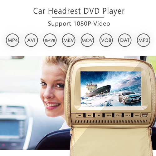 9 inch 1080P Car Headrest DVD Player Video Monitor with Leather Cover Zipper IR Wireless Headphones Games for Kids Road Trips Entertainment System (Touch Screen, Beige)