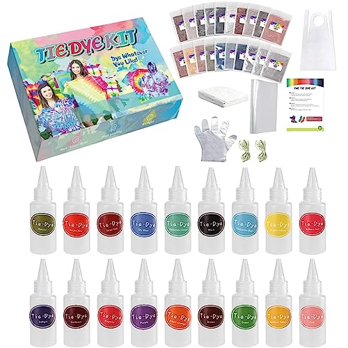 Tie Dye Kit for Kids and Adults - 18 Colors 60ML Permanent Non-Toxic Pigment Kits - Refills Powder, Rubber Bands, Gloves, Table Cover - for Shirt Hoodie Fabric Textile Craft Party Handmade Project