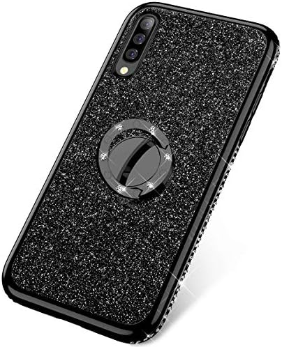 SainCat Glitter Sparkle Bling Diamond Rhinestone Ring Stand Shiny Case Shock-Absorption Slim Fit TPU Silicone Protective flash Bumper Case Compatible with Samsung Galaxy A70+Black