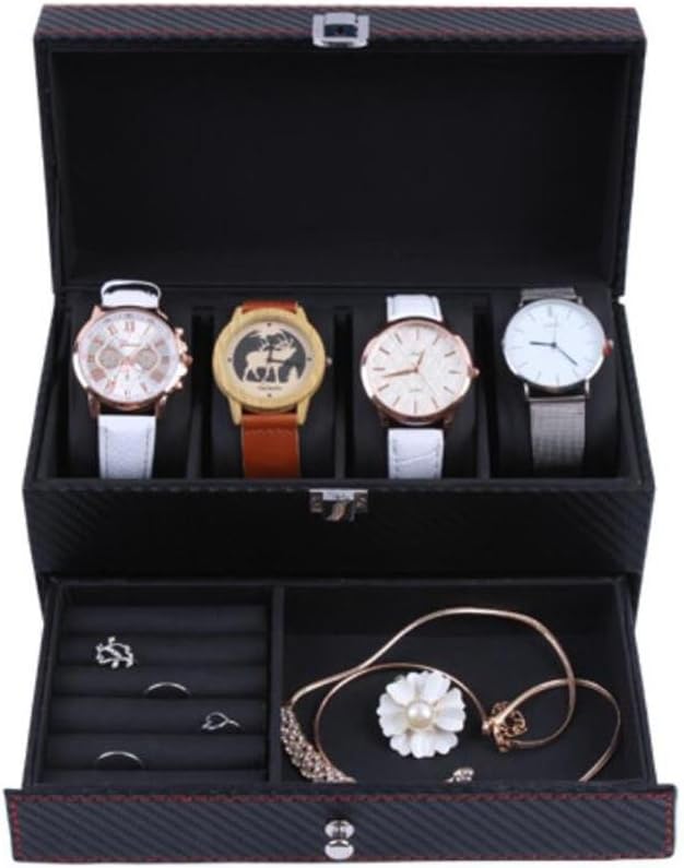 WEIQI BOX Black Leather carbon fiber watch box/wooden double deck jewelry box/ring, ear nail, bracelet storage box, girl's Gift