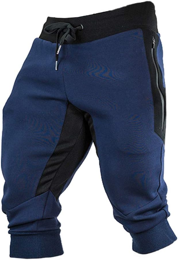 Men's Cotton Joggers Summer 3/4 Shorts Casual Workout Capri Pants Breathable with Elastic Waist Zipper Pockets