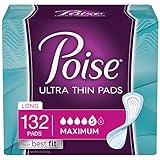 Poise Ultra Thin Incontinence Pads, Maximum Absorbency, Unscented, Long, 2 Packs Of 66 Pads, 132 Count