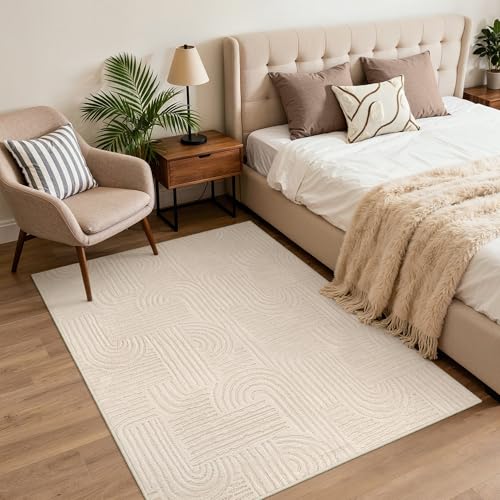 BEIMO Modern Rug 120x160CM, Soft Short Pile Rug with 3D Effect, Washable and Non-Slip for Living Room, Bedroom, Kitchen, Hallway, Beige