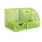 VANRA Office Supply Caddy Metal Mesh Desktop Supplies Organizer School Supply Holder Stuff Storage Organizer 6 Compartments with Drawer (Green)