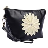 8-inch Lady's Cosmetic Bag, Zipper Make up Pu Leather Daisy Travel Organizer Storage Handbag (Black)