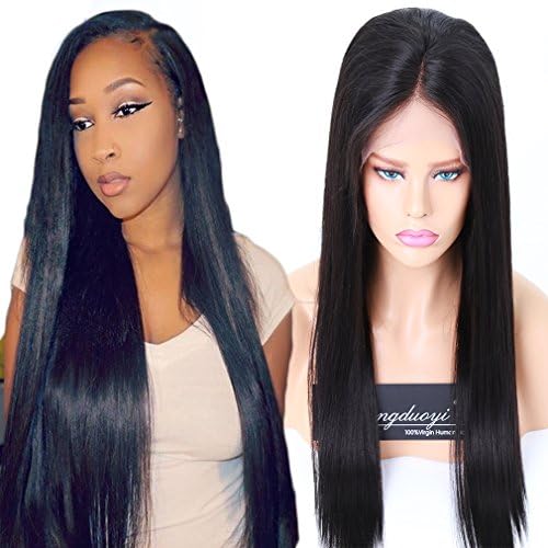 Rongduo Yi Brazilian Virgin Human Hair 130% Density Natural Black Color Silk Straight Glueless 13"×6"Long Parting Lace Front Wigs with Natural Hairline for Black Women(24 inch lace front)