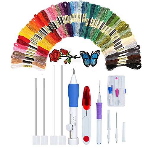 Embroidery Pen Starter Kit Stitching Punch Needle Craft Tool Set With Embroidered Patterns and 50 Color Threads for DIY Sewing Cross Stitching