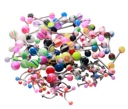 Piercing Kit 90 Pieces Assorted 16G Eyebrow and Labret, 14G Tongue and Ring Belly Ring Body jewelry set