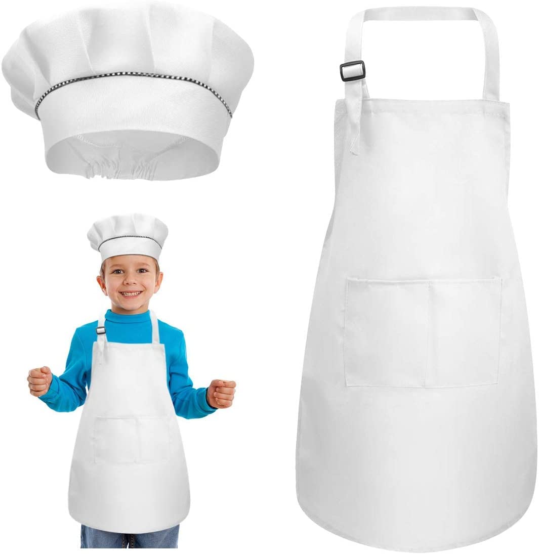 Catime Kids Apron and Chef Hat, White Children Aprons, Adjustable Toddler Chef Aprons, Unisex Baking Apron, Child Cooking Bib Apron with 2 Pockets For Age 3-6 Years.Kids Artist Aprons (1 Set M)