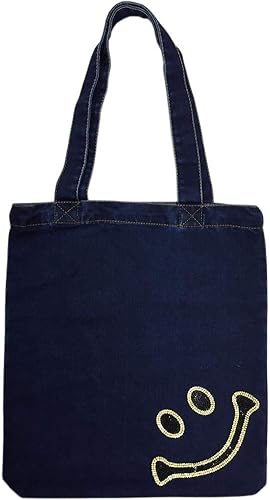 Amazon デニム トートバッグ スマイル キラキラストーン Bigデニムバッグ ストーンワッペン ビッグトート バッグ スマイルa ブラック 枠ゴールド 小物 ケア用品 通販