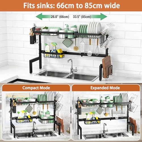 Gabeeriso Over Sink Dish Drying Stand Kitchen Organiser | 2-Tier Expandable Stainless Steel Dish Rack Adjustable 66-85cm with Drainage Tray Delivers Large Countertop Storage Capacity