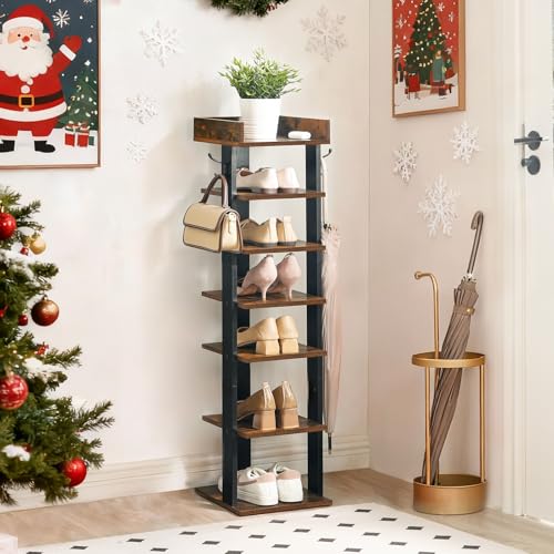 HOOBRO Vertical Shoe Racks for Entryway, 7 Tier Narrow Shoe Shelf with Hooks, Tall Shoe Organizer for Hallway, Bedroom, Stackable Shoe Stand for Samll Space, Adjustable Height, Rustic Brown EBF61XJ01