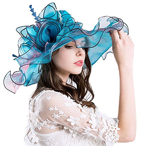 Obosoyo Women Foldable Organza Church Derby Hat Ruffles Wide Brim Summer Beach Sea Sun Hats Blue - Thumbnail 3