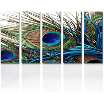 CANVASZON Wall Art for Living Room Bedroom Decoration Peacock Painting Canvas Print Framed Art Animal Feather Plume Modern Art for Office Wall Décor Teal Blue Green 5 Panels