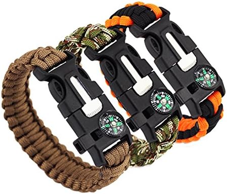 AnnVan 5 In 1 Outdoors Survival Paracord Bracelet With Compass Fire Starter And Whistle Emergency Survival Kit(Brown, Green Camouflages,Orange, Pack of 3)