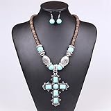 Winson Fashion Jewelry Set Women Blue Turquoise Cross Pendant Necklace Earring Set