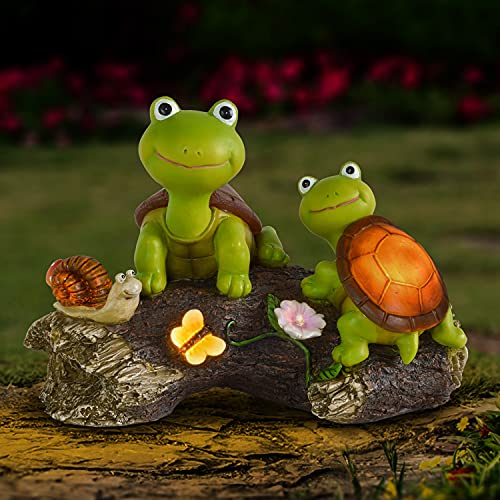 Olekki Garden Statues Turtle Decor Figurines Cute Frog Face Turtles & Snail on Log Sculpture
