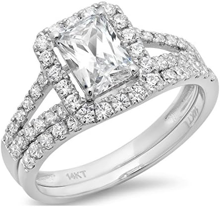 Clara Pucci 1.40 CT Emerald Cut CZ Pave Halo Designer Solitaire Ring Band Set 14k White Gold