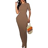 ZERMOM Women Ribbed Bodycon Maxi Dress Short Sleeve Crew Neck Fitted Casual Long Dresses