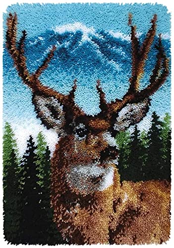 ROCKY&CHAO Mountain Stag Latch Hook Kit 50x38cm, Complete DIY Rug Making Craft Kits with Yarn & Canvas and Crochet Needle, Adult Craft Kits for Women, Latch Hook Rug Relaxing Home Art Project