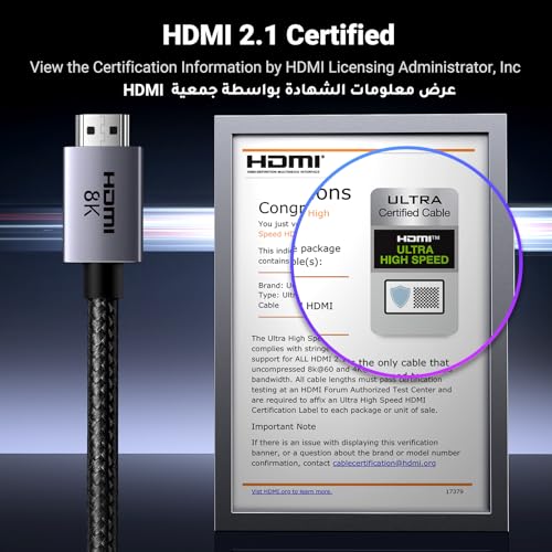 UGREEN 8K HDMI 2.1 Cable 5M Certified Ultra High Speed up to 48Gbps Support 8K@60Hz 4K@240Hz 144Hz 120Hz eARC Dolby HDR 10+HDCP 2.2 2.3