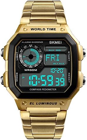 Men's Word Time Digital Sport Watch Dual-Time Countdown Alarm Luminous Stainless Steel Band Watch