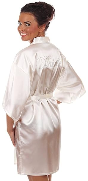 Lia Fashion Braut Bademantel, BRIDE, mit Strasssteinen, Glitzer, Gr. 36-42, weiß, Satin, Morgenmatel glänzend, kurz Hochzeit 