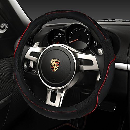 MYSBIKER Steering Wheel Cover Leather,Genuine Leather Car Steering Wheel Cover, Sporty Curves, Durable, Thick, Anti-Slip, fit 38cm/ 15 inch Middle Size (Red)