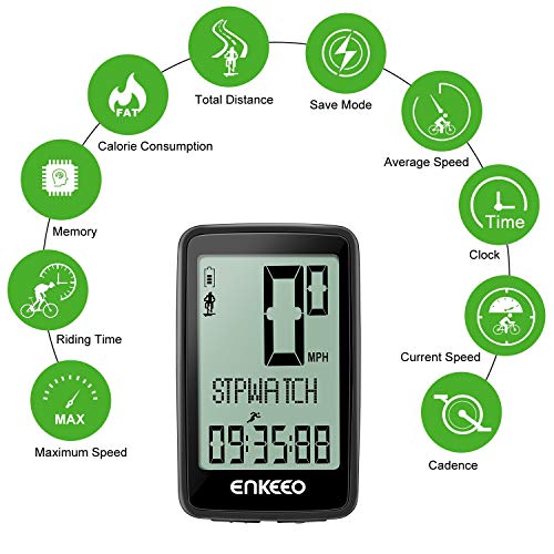 ENKEEO Wireless Rechargeable Bike Computer with Cadence, Waterproof Bicycle Speedometer Odometer Multi-Function with LCD Backlight Display Speed Distance Time Measure Calorie Consumption for Cycling