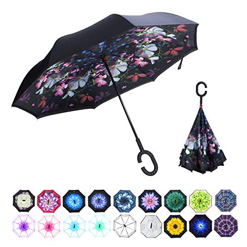 WASING Double Layer Inverted Umbrella Cars Reverse Umbrella, Windproof UV Protection Big Straight Umbrella for Car Rain Outdoor with C-Shaped Handle