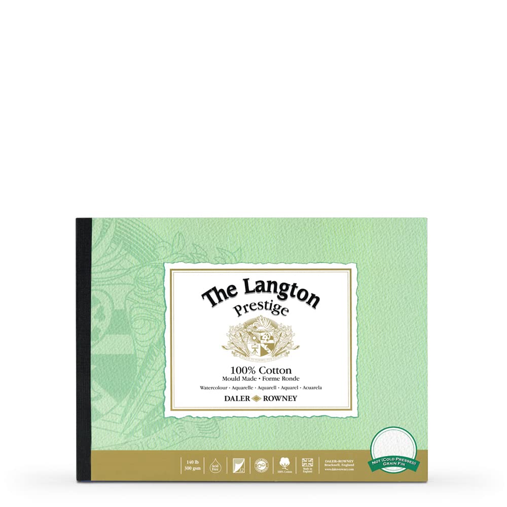 Daler-Rowney The Langton Prestige Watercolour Paper, Cold Pressed, 300 gsm, 140lb, Pad, Glued 4 Sides, 14 x 10in - 35.6 x 25.4 cm, Natural White, 12 Sheets