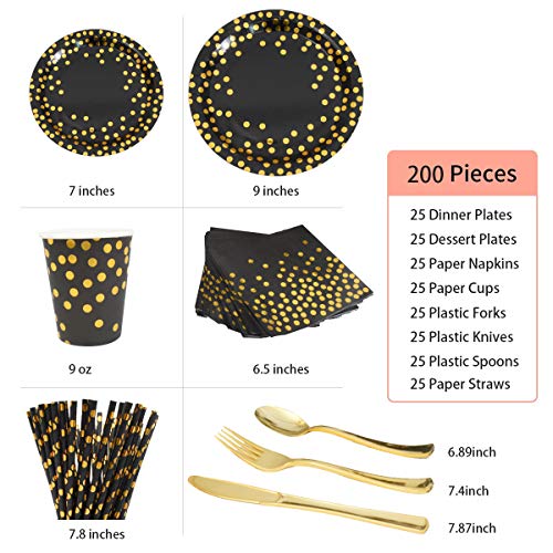 200Pcs Black and Gold Party Supplies Paper Plates and Cups Black Confetti Dinnerware Dinner Plates D - //coolthings.us