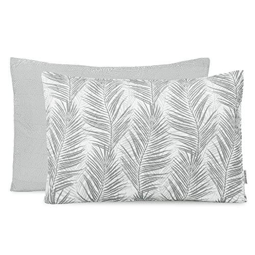 AmeliaHome 2 Pillowcases Double-Sided Ultrasonic Quilting 50 x 70 cm Plant Pattern Grey White Tropical Bonaire AH/TRBON/GRE/50 x 70 x 2
