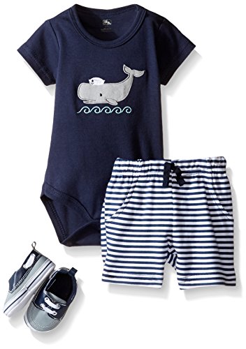 Hudson Baby Baby -Boys' 3 Piece Bodysuit, Short, Shoe Set, Sailor Whale, 0-3 Months