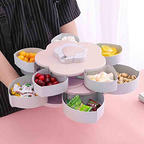 COM1950s Double-Layer Rotating Fruit Plate Petal Shape Dried Snack Storage Tray Home Living Room Candy Dish Dried Candy Food Storage Box Jewelry Organizer (Pink, A)