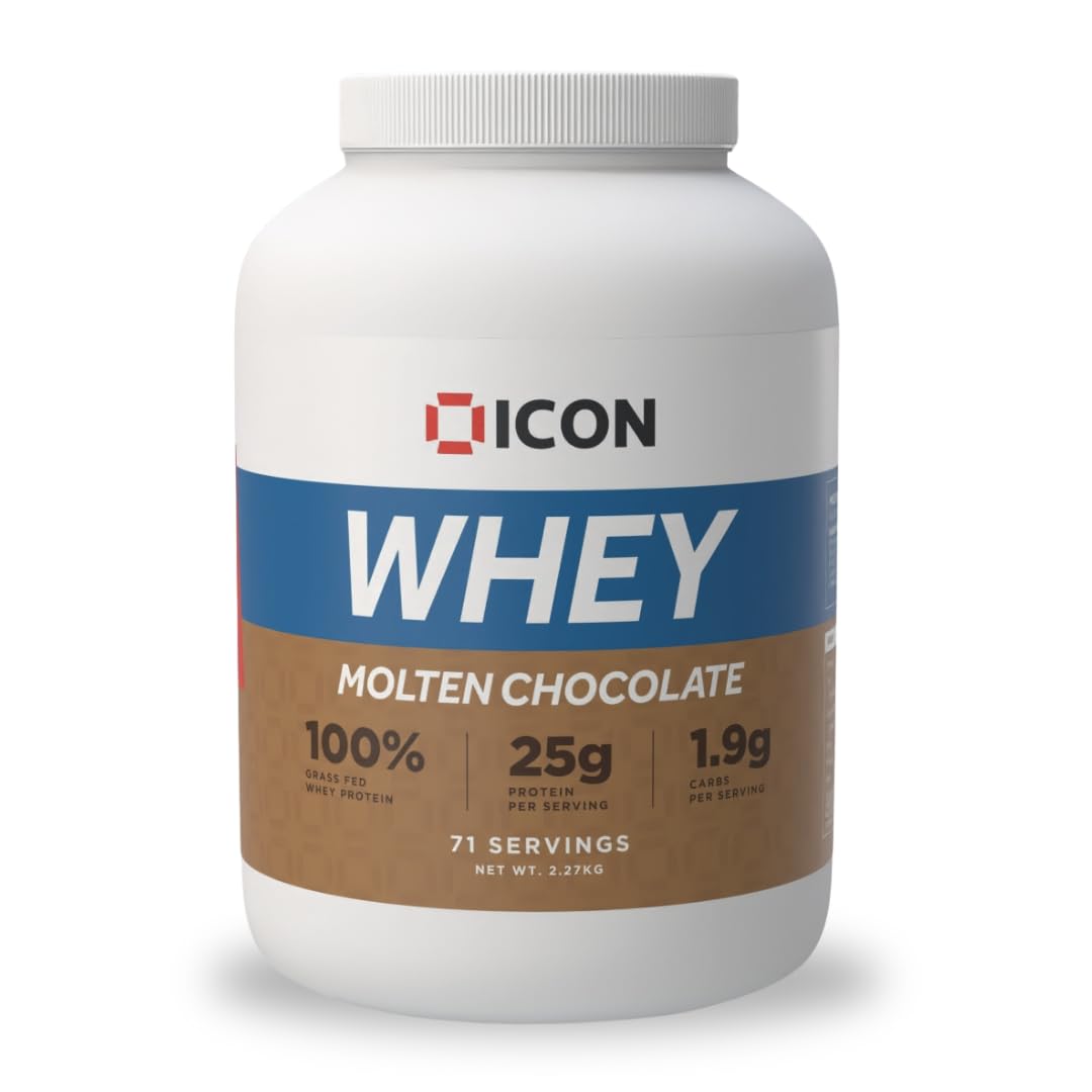 ICON Nutrition Whey Protein Powder — Molten Chocolate — High Protein, Grass Fed, Low Carbs & Fat, Complete Amino Acid Profile, Cold Shakes or Mix with Foods — 2.27kg, 71 Servings