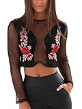 Simplee Apparel Women's Vintage Applique Embroidered Mesh Blouse Crop Top Black