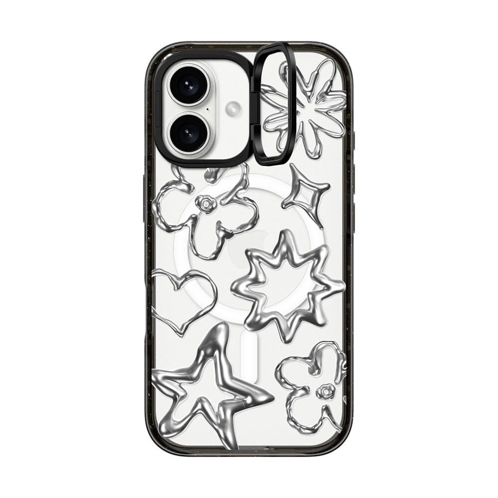 CASETiFY Impact Ring Stand iPhone 16 Case [Kickstand / 6.6ft. 3X Military Grade Drop Protection/Compatible with Magsafe] - Chrome Doodles - Clear Black — image 1