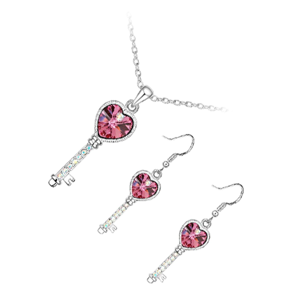 GWG Jewellery Set 925 Sterling Silver Coated Pendant Necklace and Earrings Love Key with Sapphire Rose Heart and Row of Stones Along It in Gift Box for Women