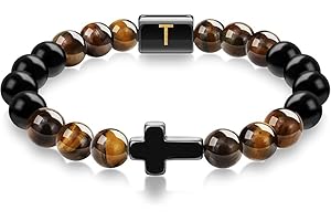 SOOWOOT Cross Bracelet for Men, Initial Bracelet for Men, initail A-Z design, Christian Gifts, Natural Tigers Eye Stone Beads, Easter Gifts