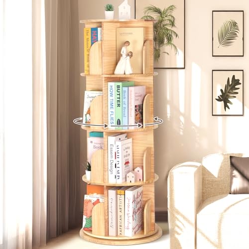 OOOK Solid Wood Rotating Bookcase, 360 Degree Rotating Bookcase with 4 Tiers, Multifunctional Narrow Wood Adult Bookcase, Storage Cabinet for Living Room