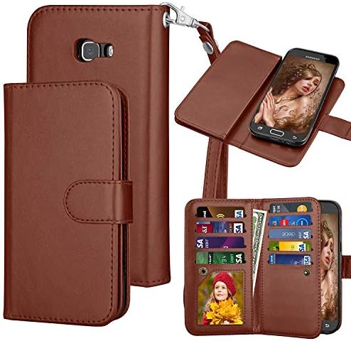 Samsung A5 2017 Case Wallet,Galaxy A5 2017 Flip Case,Eutekcoo [Magnetic Detachable Case] [Cash & 9 Card Slots] + Wrist Strap PU Leather Wallet Folio Case Cover for Samsung Galaxy A5 2017-Brown