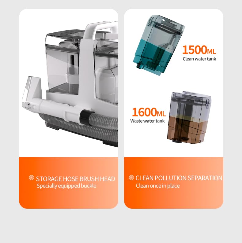 Ronglife Spot Carpet Cleaner | 600W 16KPa Portable Carpet and Upholstery Cleaner | Compact and Lightweight Handheld Carpet Cleaner 1500ml Dual Tank Design | Suitable for Sofa Carpets/Rugs/Stairs