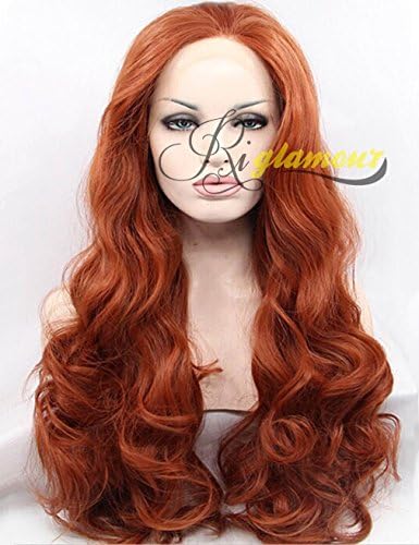 Riglamour Dark Copper Red Long Wavy Wig Heat Resistant Synthetic 100% Fiber Hair Lace Front Wigs Half Hand Tied for Women #350
