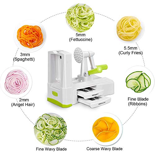 5 IN 1 Spiralizer Vegetable Slicer , Powerful Food Slicer Anti-Slip Sucker Spiral Slicer for Zucchini Noodles and Veggie Pasta Maker
