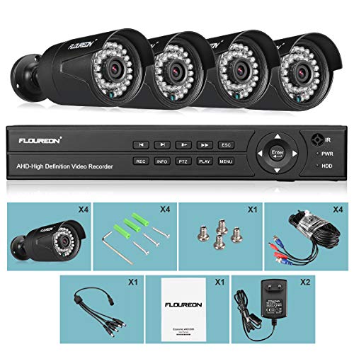 FLOUREON 8CH 5-IN-1 Security Camera System 1080N AHD Video DVR Recorder with 4X HD 3000TVL 2.0MP CMOS Lens 1080P Indoor Outdoor Weatherproof CCTV Cameras, Night Vision, Easy Remote Access, Motion Aler