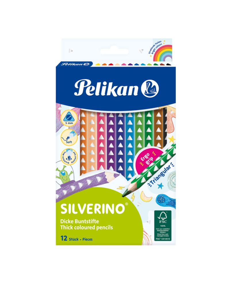 Pelikan Silverino 12 Piece Triangular Thick Colouring Pencils Set 12 Colours Colouring Pencils with Grip and Triangular Barrel